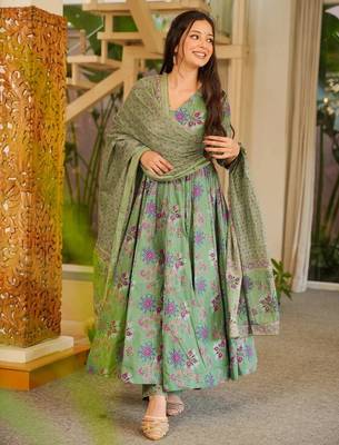 Green color cotton silk digital printed smart anarkali dress 1