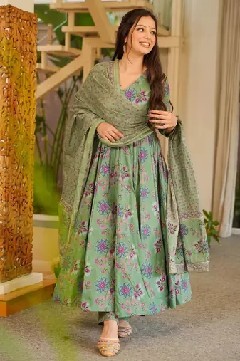 Green color cotton silk fabric designer digital printed smart anarkali dress