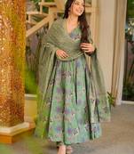 Green color cotton silk fabric designer digital printed smart anarkali dress