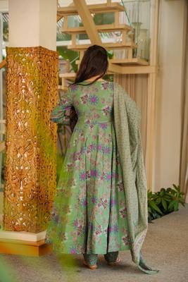 Green color cotton silk digital printed smart anarkali dress 2