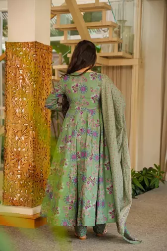 Green color cotton silk digital printed smart anarkali dress