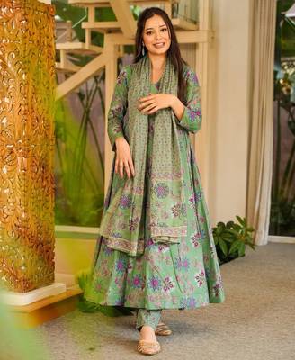 Green color cotton silk digital printed smart anarkali dress 4