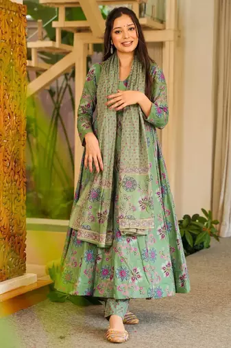Green color cotton silk digital printed smart anarkali dress