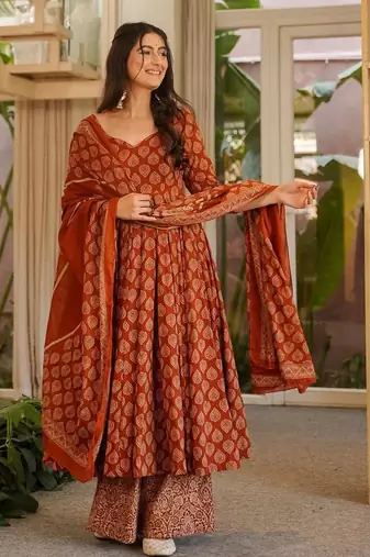 Rust color cotton silk fabric designer digital printed smart anarkali dress