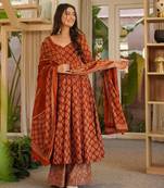 Rust color cotton silk fabric designer digital printed smart anarkali dress