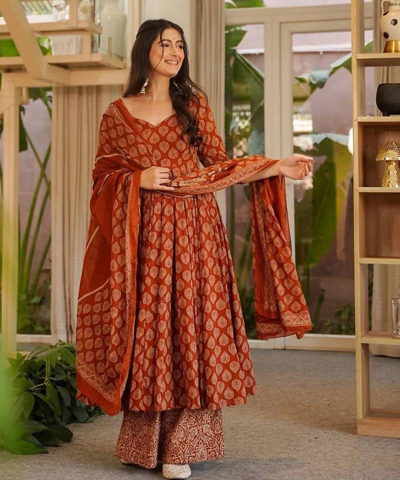 Rust color cotton silk fabric designer digital printed smart anarkali dress