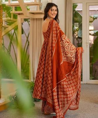 Rust color cotton silk digital printed smart anarkali dress 2
