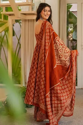 Rust color cotton silk digital printed smart anarkali dress