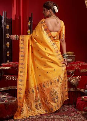 Yellow woven paithani silk saree with blouse 4