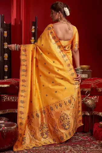 Yellow woven paithani silk saree with blouse