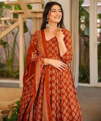Rust color cotton silk digital printed smart anarkali dress 3