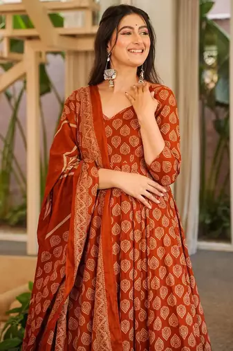 Rust color cotton silk digital printed smart anarkali dress