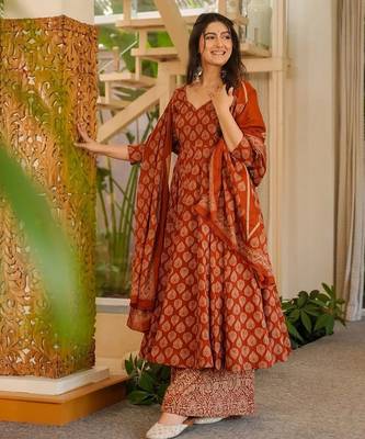 Rust color cotton silk digital printed smart anarkali dress 4