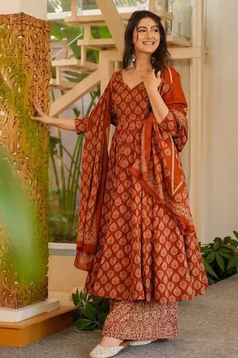 Rust color cotton silk digital printed smart anarkali dress