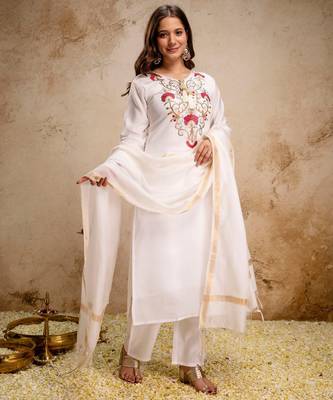 Off white color roman silk embroidery partywear suit 1