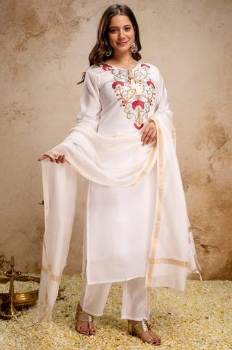 Off white color roman silk fabric designer embroidery work partywear suit