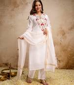 Off white color roman silk fabric designer embroidery work partywear suit