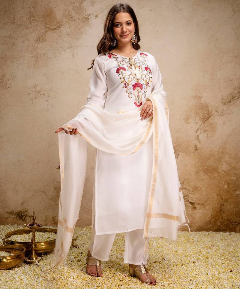 Off white color roman silk fabric designer embroidery work partywear suit