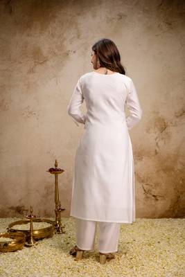 Off white color roman silk embroidery partywear suit 2