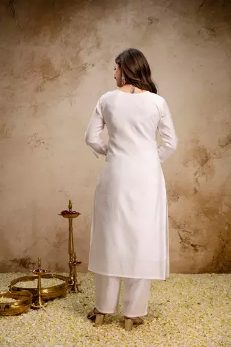 Off white color roman silk embroidery partywear suit