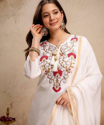 Off white color roman silk embroidery partywear suit 3