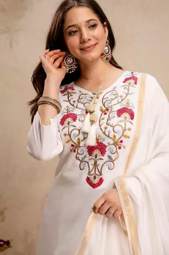 Off white color roman silk embroidery partywear suit