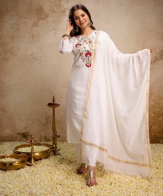 Off white color roman silk embroidery partywear suit 4