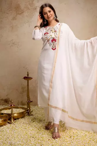 Off white color roman silk embroidery partywear suit