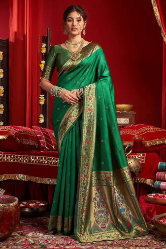 Green woven paithani silk saree with blouse