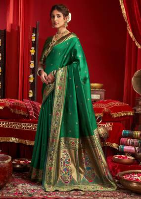 Green woven paithani silk saree with blouse 2