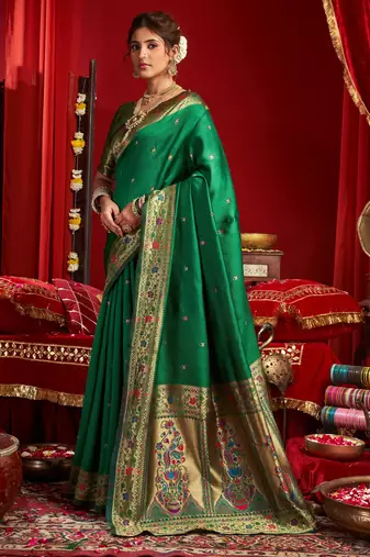 Green woven paithani silk saree with blouse