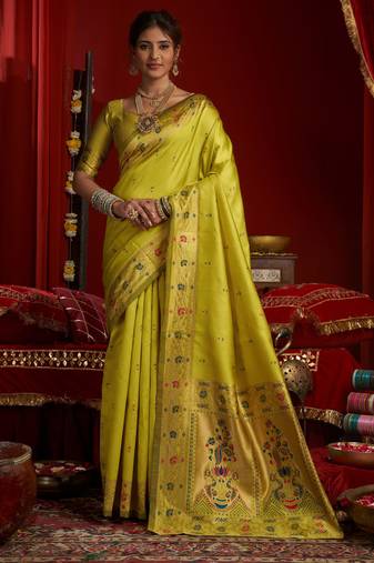 Lime green woven paithani silk saree with blouse
