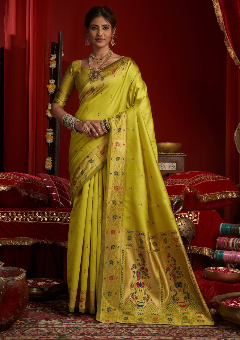 Lime green woven paithani silk saree with blouse