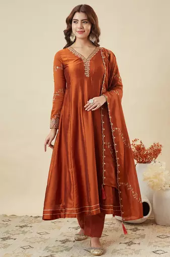 Orange color vichitra silk fabric designer embroidery work partywear suit