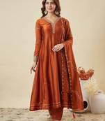 Orange color vichitra silk fabric designer embroidery work partywear suit