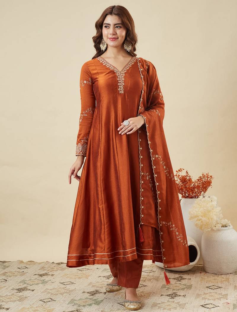 Orange color vichitra silk fabric designer embroidery work partywear suit