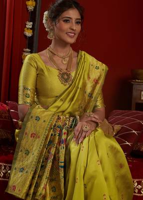Lime green woven paithani silk saree with blouse 2