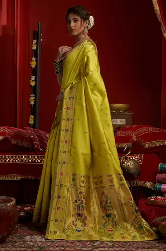 Lime green woven paithani silk saree with blouse
