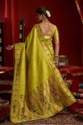 Lime green woven paithani silk saree with blouse 4