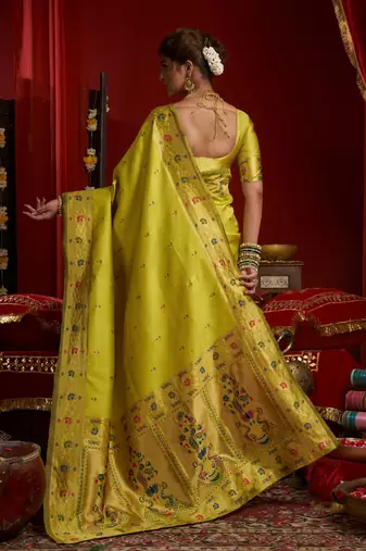 Lime green woven paithani silk saree with blouse