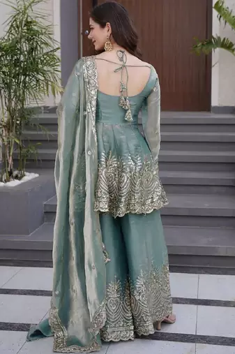 Sky blue color fendy silk embroidery partywear suit