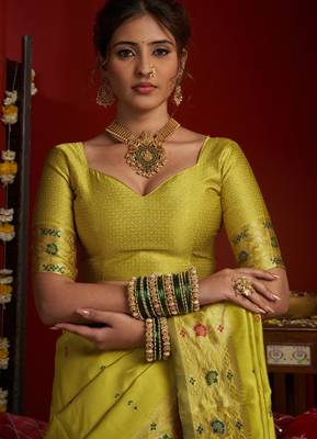 Lime green woven paithani silk saree with blouse 5