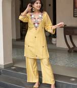 Yellow color franch crepe fabric designer embroidery work partywear suit
