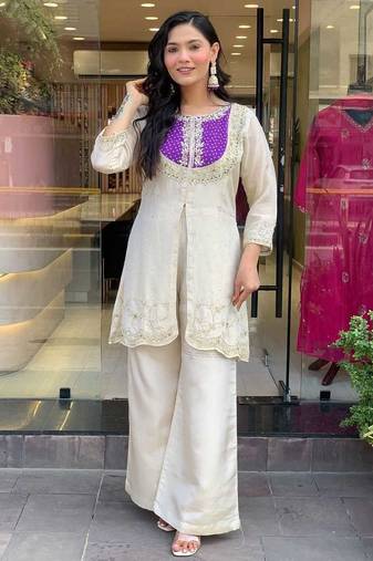 Elegant off-white embroidered kurti set with purple yoke design