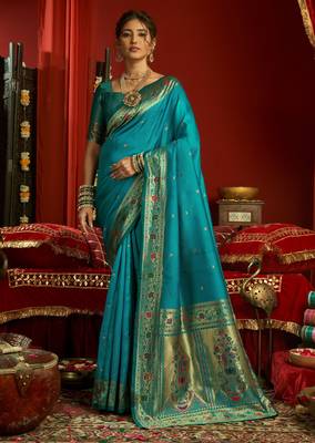 Sky blue woven paithani silk saree with blouse 1