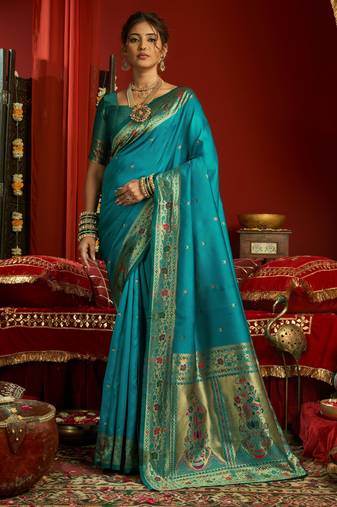 Sky blue woven paithani silk saree with blouse