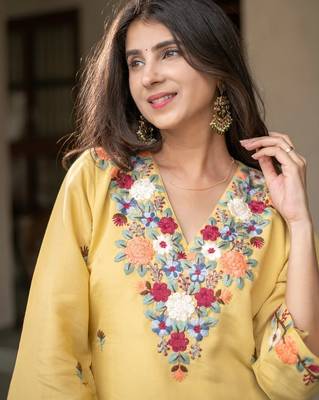 Yellow color franch crepe embroidery partywear suit 3