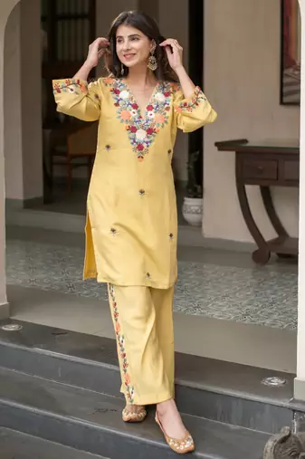 Yellow color franch crepe embroidery partywear suit