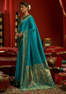 Sky blue woven paithani silk saree with blouse 2
