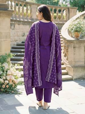 Purple color muslin hand printed partywear suit 2